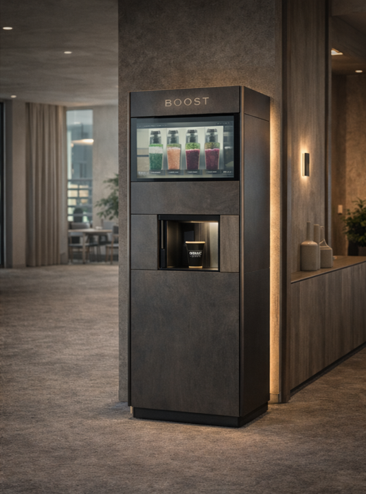 Boost Shakes automated shake machine in a modern office lobby
